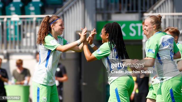 Lotta Cordes and Michelle Klostermann of Wolfsburg celebrate after the Goal to 3:0 for Wolfsburg during the Germany U17 Girl's Championship Final...
