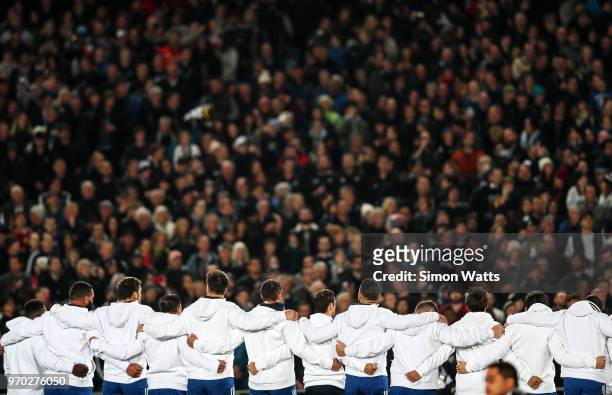 France line up during the national anthems during the International Test match between the New Zealand All Blacks and France at Eden Park on June 9,...