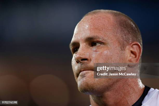 Matt Scott of the Cowboys looks on during the round 14 NRL match between the Parramatta Eels and the North Queensland Cowboys at TIO Stadium on June...