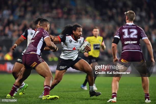 Bunty Afoa of the Warriors charges forward during the round 14 NRL match between the Manly Sea Eagles and the New Zealand Warriors at AMI Stadium on...