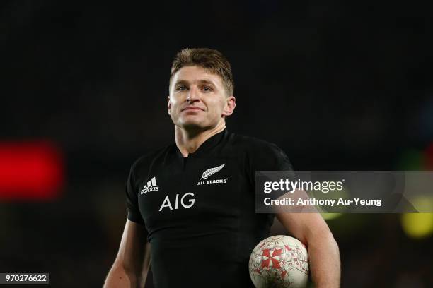 Beauden Barrett of the All Blacks looks on during the International Test match between the New Zealand All Blacks and France at Eden Park on June 9,...
