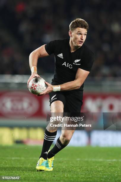 Beauden Barrett of the All Blacks charges forward during the International Test match between the New Zealand All Blacks and France at Eden Park on...