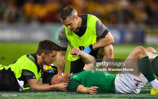 Brisbane , Australia - 9 June 2018; Keith Earls of Ireland lies injured during the 2018 Mitsubishi Estate Ireland Series 1st Test match between...