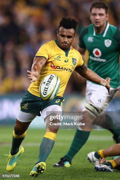 Will Genia of the Wallabies kicks during the International Test match between the Australian Wallabies and Ireland at Suncorp Stadium on June 9, 2018...