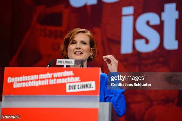 Katja Kipping, co-leader of Die Linke, speaks to the delegates at the Die Linke federal party congress on June 9, 2018 in Leipzig, Germany. Die...