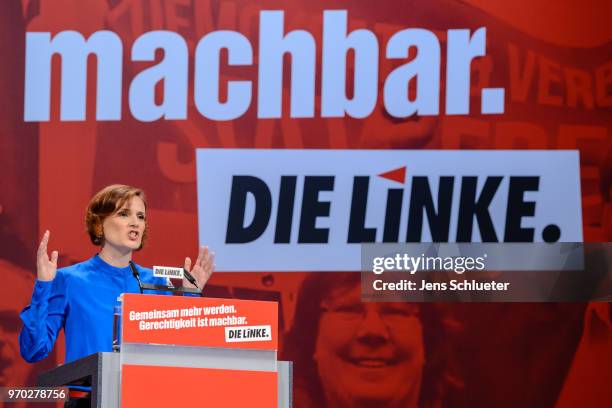 Katja Kipping, co-leader of Die Linke, speaks to the delegates at the Die Linke federal party congress on June 9, 2018 in Leipzig, Germany. Die...