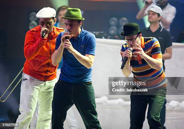 MCs Koenig Boris, Dokter Renz and Bjoern Beton of the German Hip-Hop band Fettes Brot perform live during a concert at the former east German...