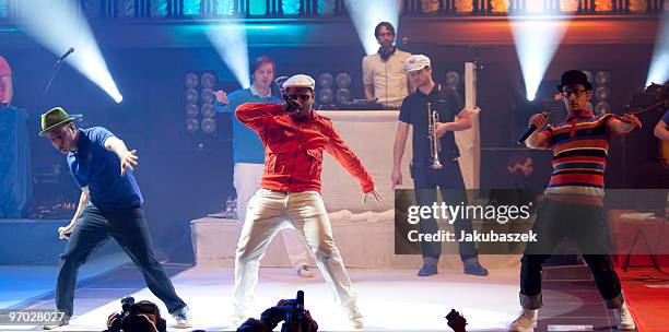 MCs Dokter Renz, Koenig Boris and Bjoern Beton of the German Hip-Hop band Fettes Brot perform live during a concert at the former east German...