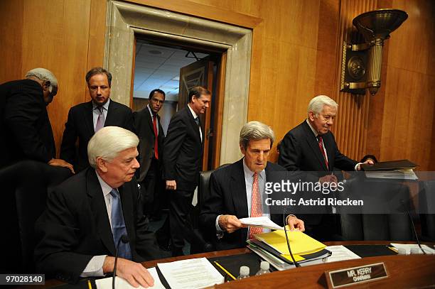 Senators Chris Dodd, John Kerry and Richard Lugar prepare for the testimony of Secretary of State Hillary Clinton before the Senate Foreign Relations...