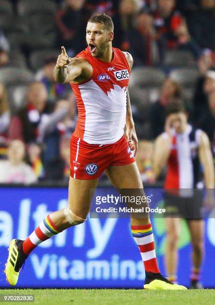 Lance Franklin of the Swans celebrates a goal during the round 12 AFL match between the St Kilda Saints and the Sydney Swans at Etihad Stadium on...