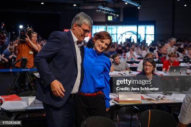 Katja Kipping, co-leader of Die Linke, and Bernd Rixinger, co-leader of the Die Linke, attend the Die Linke federal party congress on June 9, 2018 in...