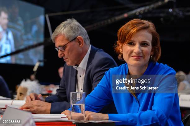 Katja Kipping, co-leader of Die Linke, and Bernd Rixinger, co-leader of the Die Linke, attend the Die Linke federal party congress on June 9, 2018 in...