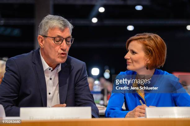 Katja Kipping, co-leader of Die Linke, and Bernd Rixinger, co-leader of the Die Linke, attend the Die Linke federal party congress on June 9, 2018 in...