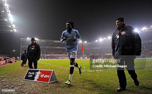 Emmanuel Adebayor of Manchester City heads down the tunnel after being sent off during the FA Cup 5th round match between Stoke City and Manchester...