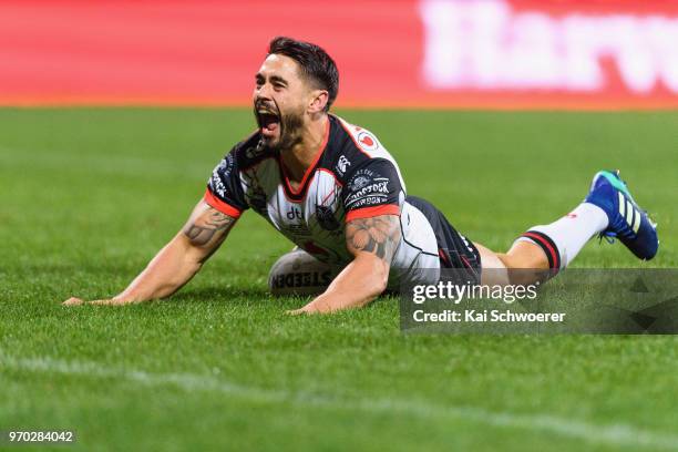 Shaun Johnson of the Warriors celebrtates scoring a try during the round 14 NRL match between the Manly Sea Eagles and the New Zealand Warriors at...