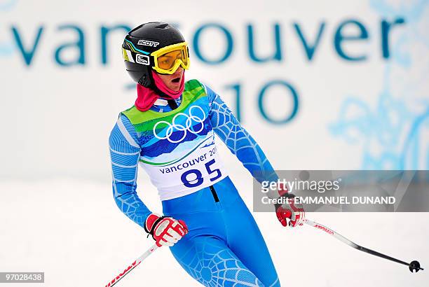 Iran's Marjan Kalhor reacts in the finish area during the women's giant slalom race of the Vancouver 2010 Winter Olympics at the Whistler Creek side...