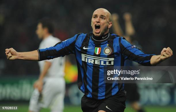 Esteban Cambiasso of Inter Milan celebrates his 2:1 goal during the UEFA Champions League round of 16 first leg match between Inter Milan and Chelsea...