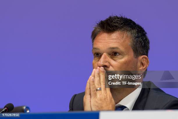 Manager Christian Heidel, looks on during the FC Schalke 04 general assembly at Veltins Arena on June 3, 2018 in Gelsenkirchen, Germany.