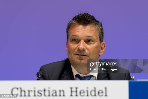 Manager Christian Heidel, looks on during the FC Schalke 04 general assembly at Veltins Arena on June 3, 2018 in Gelsenkirchen, Germany.