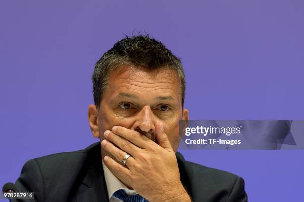 Manager Christian Heidel, gestures during the FC Schalke 04 general assembly at Veltins Arena on June 3, 2018 in Gelsenkirchen, Germany.