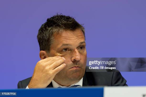 Manager Christian Heidel, gestures during the FC Schalke 04 general assembly at Veltins Arena on June 3, 2018 in Gelsenkirchen, Germany.