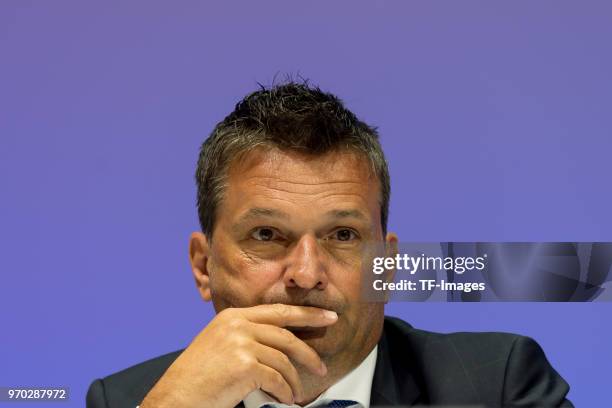 Manager Christian Heidel, gestures during the FC Schalke 04 general assembly at Veltins Arena on June 3, 2018 in Gelsenkirchen, Germany.