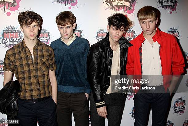 Jacob Graham, Connor Hanwick, Adam Kessler and Jonathon Pierce of The Drums arrives at the Shockwaves NME Awards 2010 at Brixton Academy on February...