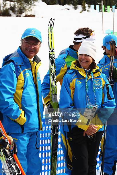 King Carl XVI Gustaf and Queen Silvia of Sweden celebrate Team Sweden's win of the gold medal in the cross country skiing men's 4 x 10 km relay on...