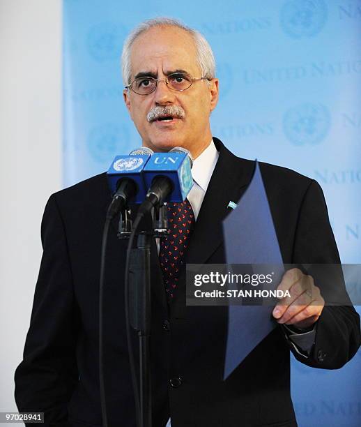 Argentine Foreign Minister Jorge E. Taiana addresses a press conference on February 24, 2010 just after Taiana met with United Nations Secretary...