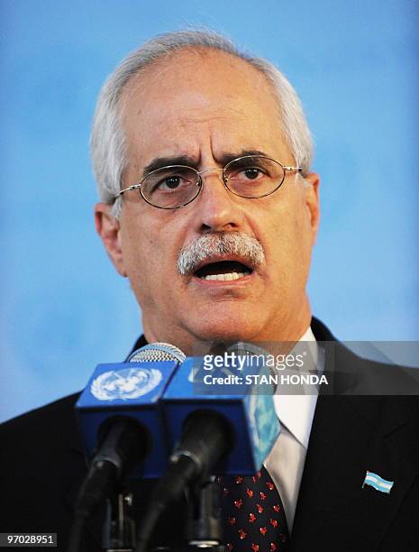 Argentine Foreign Minister Jorge E. Taiana addresses a press conference on February 24, 2010 just after Taiana met with United Nations Secretary...