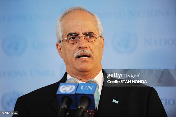 Argentine Foreign Minister Jorge E. Taiana addresses a press conference on February 24, 2010 just after Taiana met with United Nations Secretary...