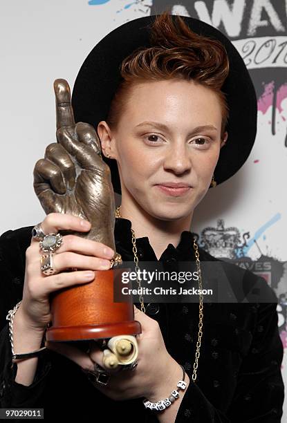 Elly Jackson aka La Roux poses with her award for Best Dancefloor Filler in the Award Room at the Shockwaves NME Awards 2010 at Brixton Academy on...