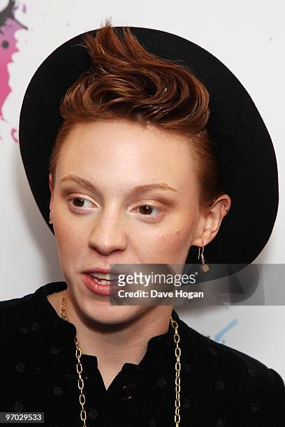 Elly Jackson aka La Roux poses with her best dancefloor filler award in front of the winners boards at the Shockwaves NME Awards 2010 held at Brixton...