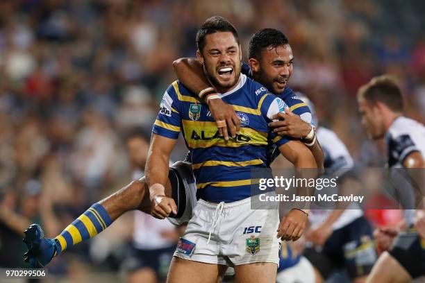 Jarryd Hayne of the Eels celebrates scoring a try during the round 14 NRL match between the Parramatta Eels and the North Queensland Cowboys at TIO...