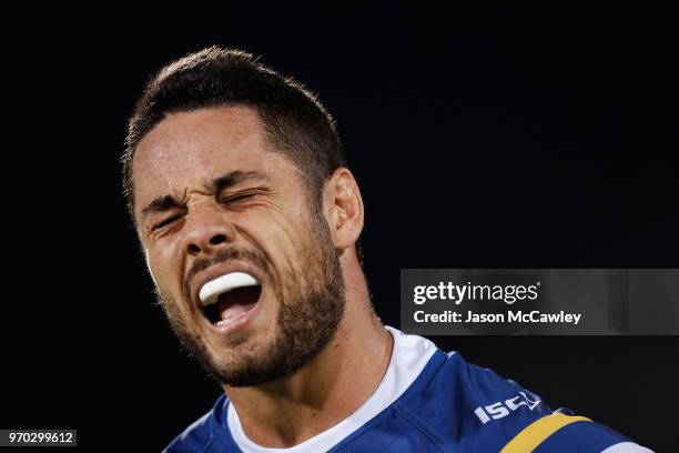 Jarryd Hayne of the Eels reacts during the round 14 NRL match between the Parramatta Eels and the North Queensland Cowboys at TIO Stadium on June 9,...