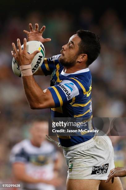 Jarryd Hayne of the Eels catches the ball during the round 14 NRL match between the Parramatta Eels and the North Queensland Cowboys at TIO Stadium...