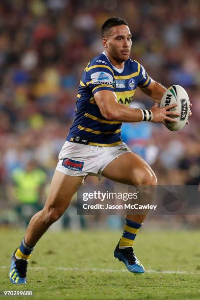 Corey Norman of the Eels runs the ball during the round 14 NRL match between the Parramatta Eels and the North Queensland Cowboys at TIO Stadium on...