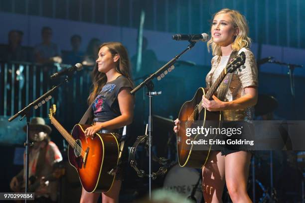 Taylor Dye and Madison Marlow of Maddie & Tae perfors during the 2018 CMA Music festival at the on June 8, 2018 in