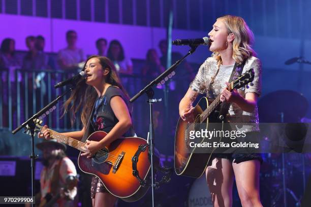Taylor Dye and Madison Marlow of Maddie & Tae perfors during the 2018 CMA Music festival at the on June 8, 2018 in