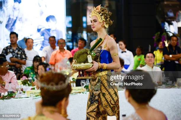 Models show Nonthaburi's durian at an auction held at the Durian Fair at department store in Nonthaburi province, Thailand, 09 June 2018. The world's...