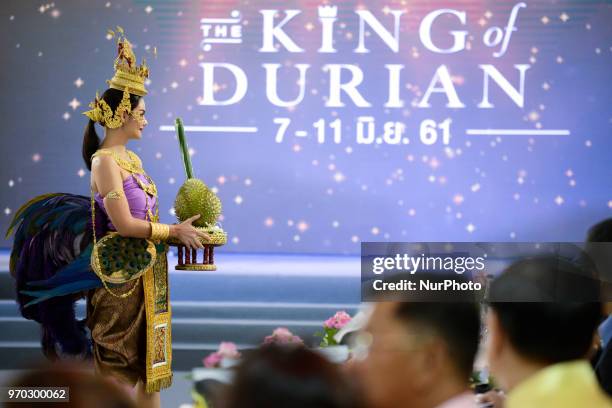 Models show Nonthaburi's durian at an auction held at the Durian Fair at department store in Nonthaburi province, Thailand, 09 June 2018. The world's...
