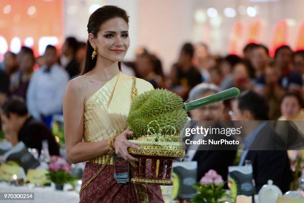 Models show Nonthaburi's durian at an auction held at the Durian Fair at department store in Nonthaburi province, Thailand, 09 June 2018. The world's...