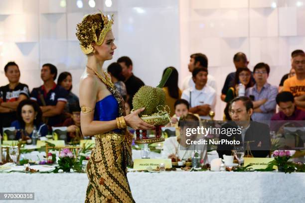 Models show Nonthaburi's durian at an auction held at the Durian Fair at department store in Nonthaburi province, Thailand, 09 June 2018. The world's...