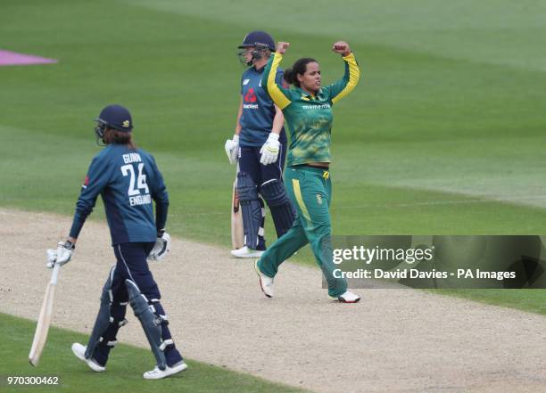 South Africa's Chloe Tryon celebrates taking the wicket of England's Jenny Gunn during the ICC Women's Championship match at Blackfinch New Road,...