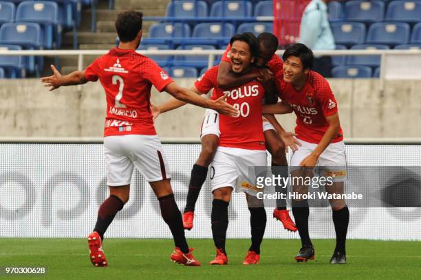 Shinzo Koroki of Urawa Red Diamonds celebrates scoring his team's second goal during the J.League Levain Cup Play-Off second leg between Urawa Red...