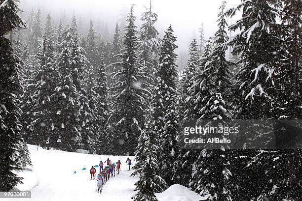 General view of the competitors in action during the cross country skiing men's 4 x 10 km relay on day 13 of the 2010 Vancouver Winter Olympics at...