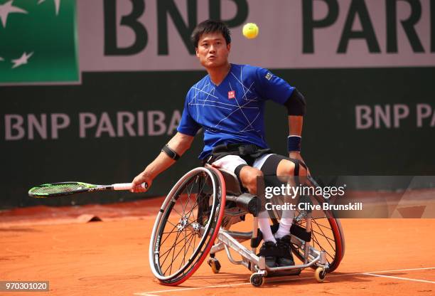 Shingo Kunieda of Japan in action during the mens singles wheelchair final agains Gustavo Fernandez of Argentina during day fourteen of the 2018...