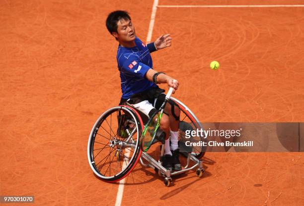 Shingo Kunieda of Japan in action during the mens singles wheelchair final agains Gustavo Fernandez of Argentina during day fourteen of the 2018...