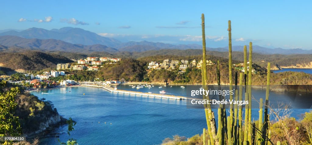 Panoramic view of the beach of Huatulco in Mexico