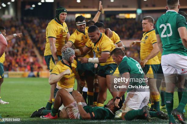 David Pocock of the Wallabies celebrates a try during the International Test match between the Australian Wallabies and Ireland at Suncorp Stadium on...